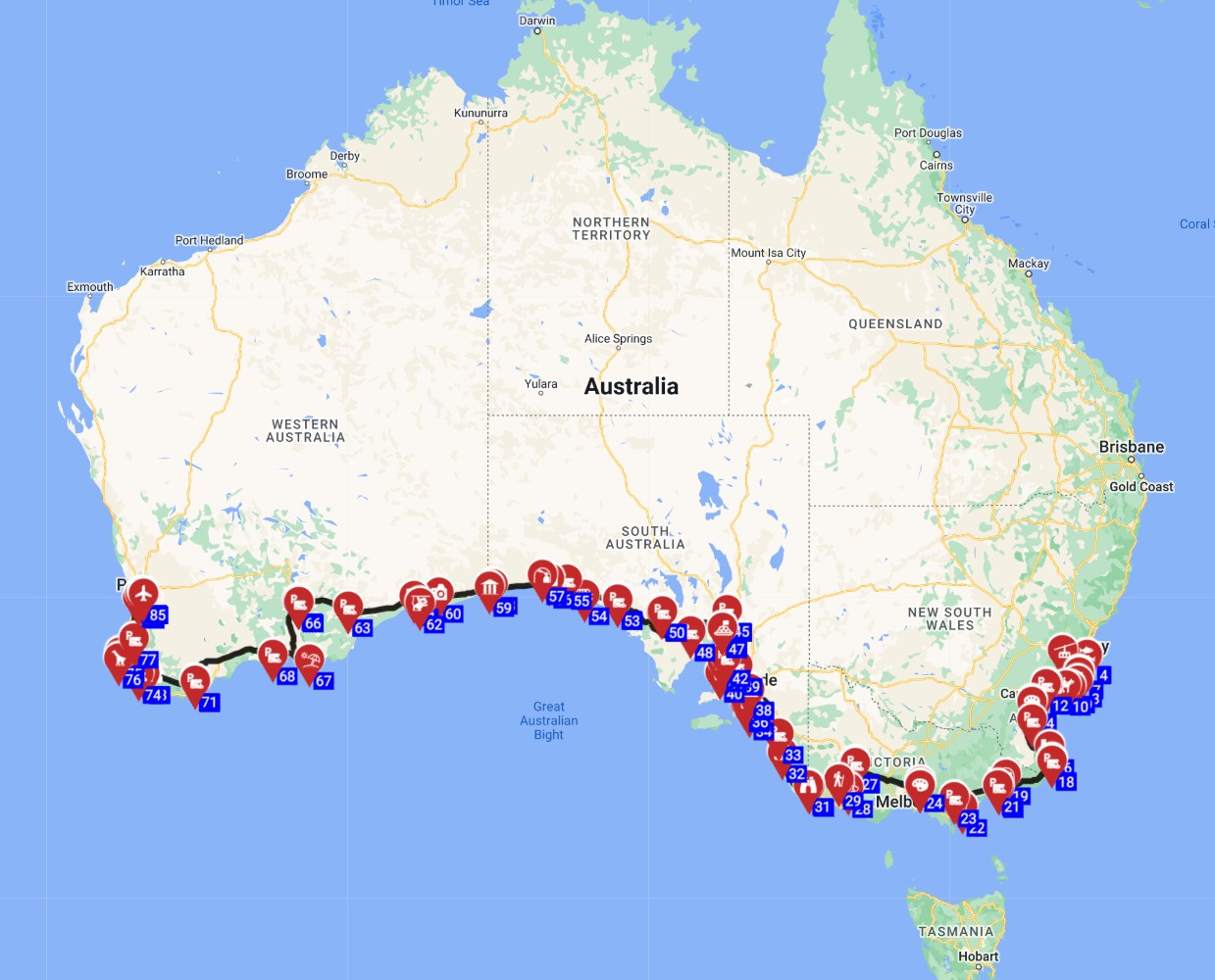 Campervan trip planner Australia Sydney to Perth motorhome route plan